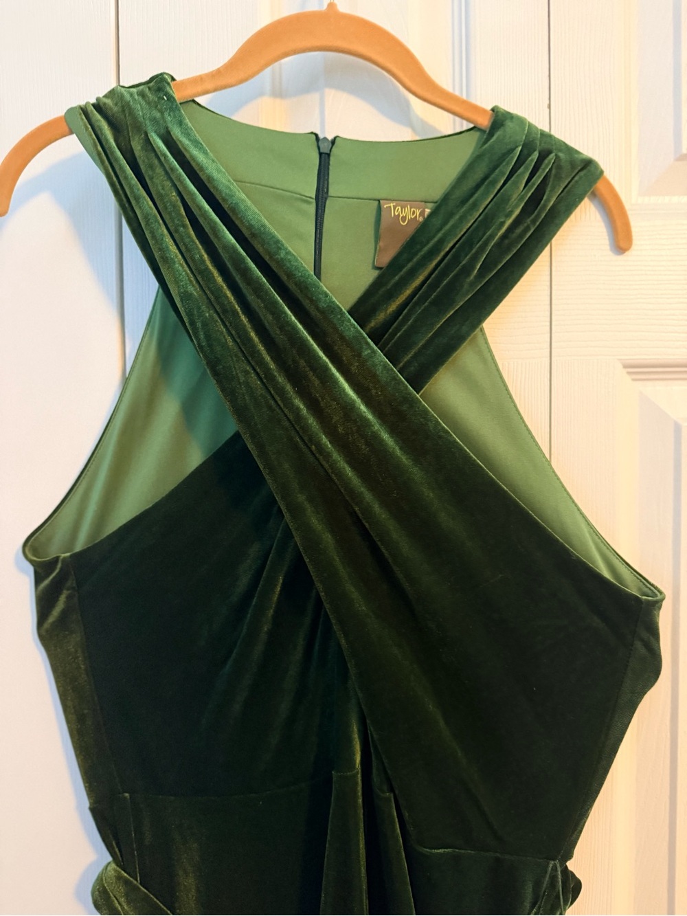 Taylor Emerald Green Velvet Asymmetrical Wrap Dress - Picture 2 of 5